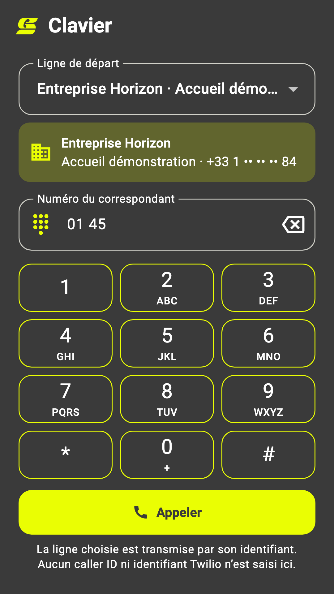 Clavier d’appel Siring sur Android avec un numéro fictif masqué