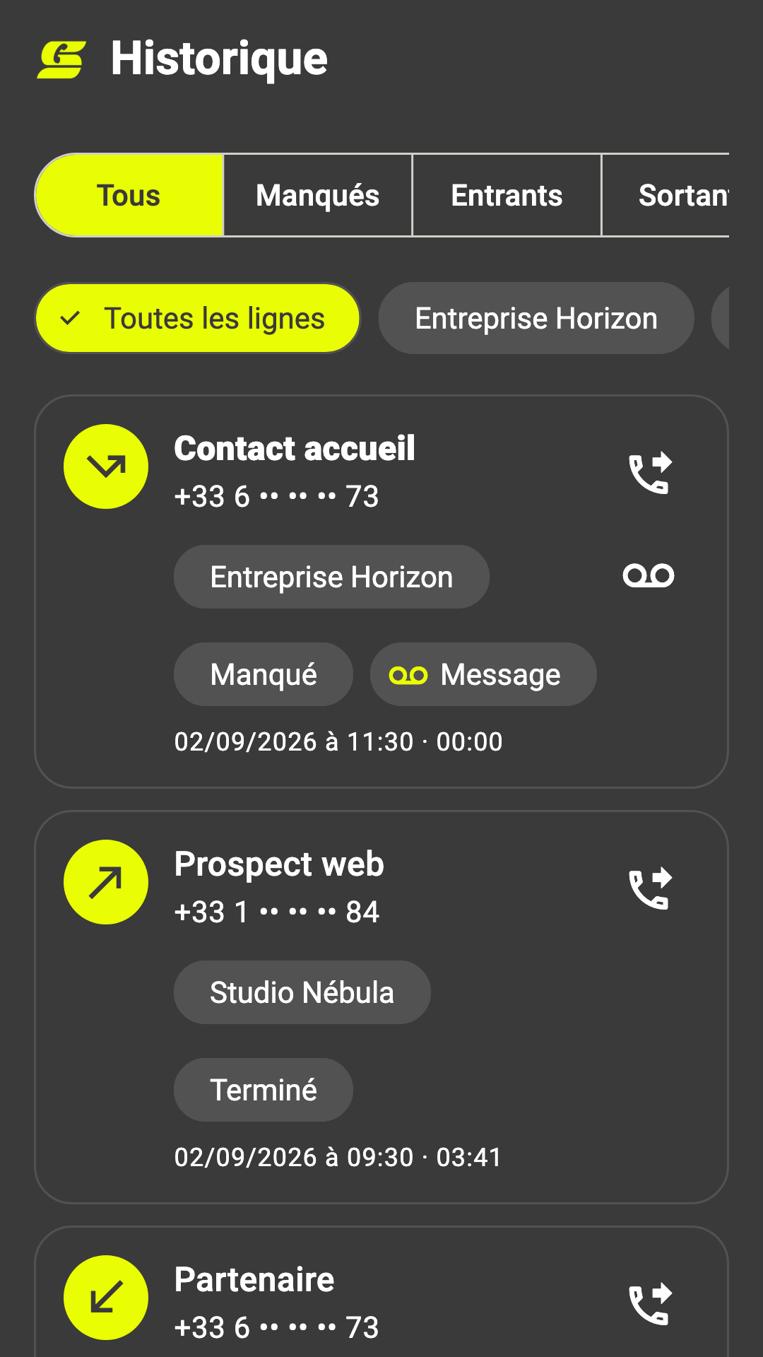 Historique Siring sur Android avec des appels et numéros fictifs masqués