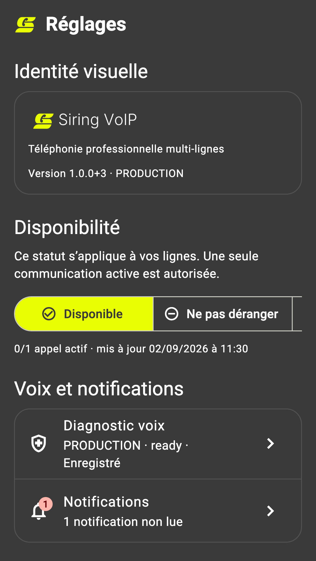 Réglages et disponibilité Siring sur Android avec des données de démonstration